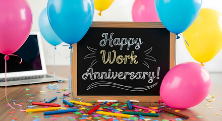 Chalkboard with Happy Work Anniversary message surrounded by colorful balloons and confetti celebration