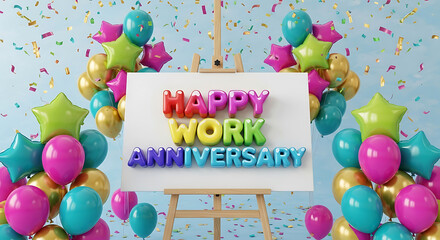 Colorful balloons and confetti celebrate happy work anniversary text celebration