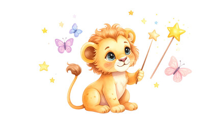 A cartoon lion cub with big eyes, holding magic wands amidst stars and butterflies