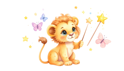 A cartoon lion cub with big eyes, holding magic wands amidst stars and butterflies