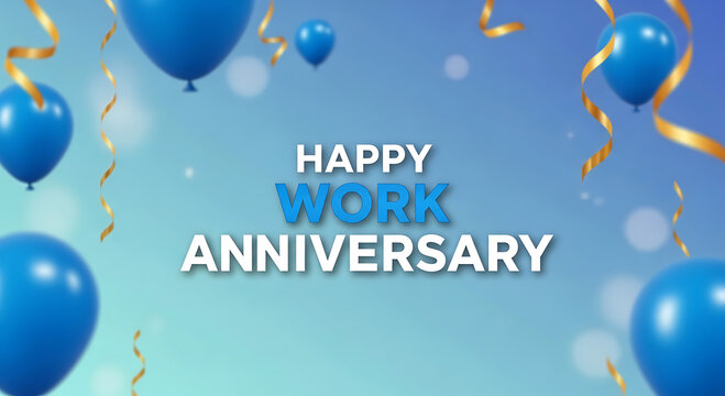 Blue balloons and gold streamers celebrate happy work anniversary text ribbon