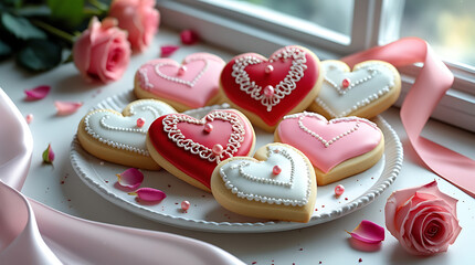 Decorated Valentine Heart Cookies by Window