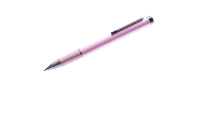 A pink metallic pen, angled, set against a stark black background