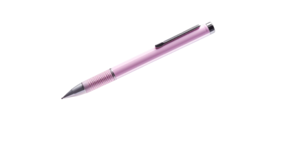 A pink metallic pen, angled, set against a stark black background