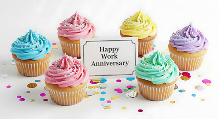 Six colorful frosted cupcakes with sprinkles and a happy work anniversary sign frosting