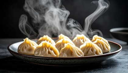 Ultra-realistic food photography of freshly steamed Chinese dumplings arranged neatly on ceramic plate, visible steam rising, soft side lighting, shallow depth of field, dark elegant background, tradi