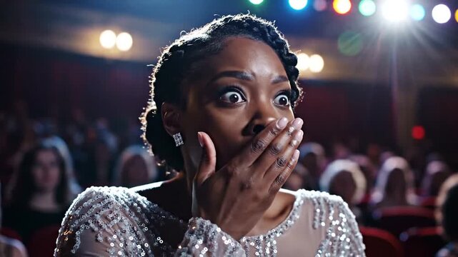 Woman in elegant dress gasps in surprise during a theatrical performance