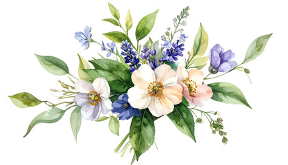 Watercolor floral arrangement with white, peach, lavender, and blue blooms, green leaves