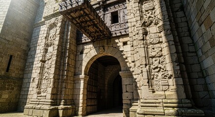 Ancient stone castle entrance with raised wooden drawbridge intricate heraldic carvings, for medieval history, defense, architectural heritage preservation