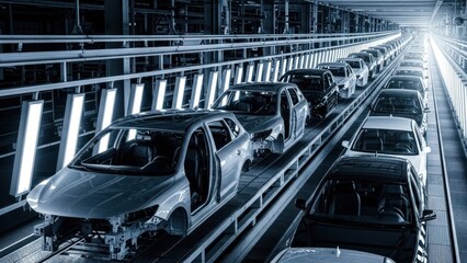 Automobile assembly line production modern vehicles moving through quality control inspection stations for industrial manufacturing automotive engineering progress