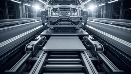 Bare metal car chassis structure moving along automated industrial assembly line conveyor system, for modern manufacturing, automotive production efficiency, engineering innovation