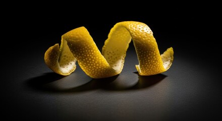 Bright yellow lemon zest spiral peel on dark moody background with dramatic lighting, for citrus flavor, fresh ingredients, aromatic garnish for cocktails