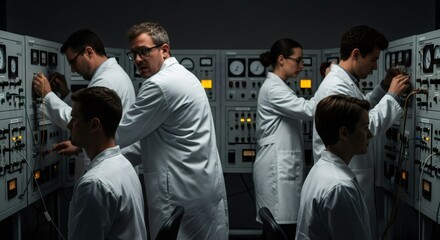 Obraz premium Scientists work on a mystery experiment in a dark laboratory, adjusting controls on complex machinery and looking intently, a conspiracy theory concept.