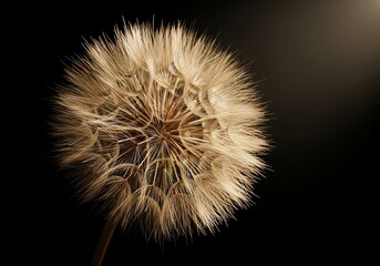 Close-up of a dandelion seed head against a dark background.