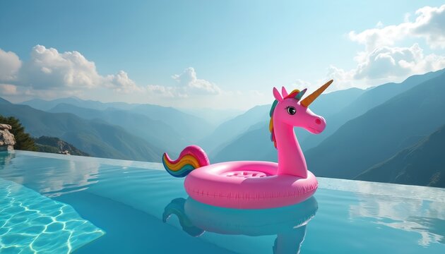 Pink unicorn float rests in an infinity pool high on a mountain. Blue sky and layered mountains form a scenic backdrop. Clear water reflects distant peaks under sunny weather.