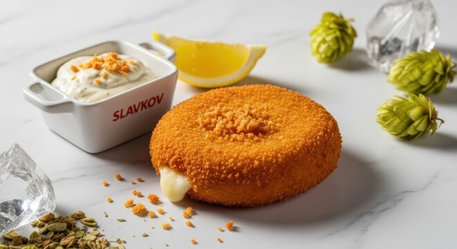 Gourmet Czech Fried Cheese (Smažen&yacute; S&yacute;r) on White Marble with Tartar Sauce and Lemon