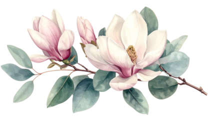 Watercolor depiction of magnolia blossoms and buds on a branch with leaves