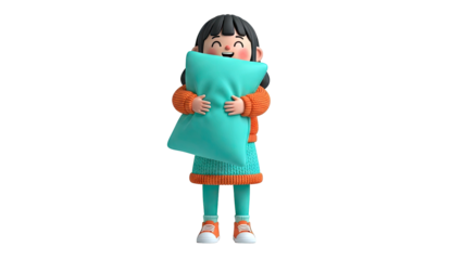 3D Cartoon Girl Hugging a Teal Pillow