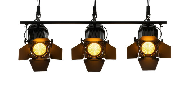 Three matte-black professional led studio par cans with barn doors, suspended, casting dramatic warm golden light on a transparent background. Concept for professional lighting advertisement