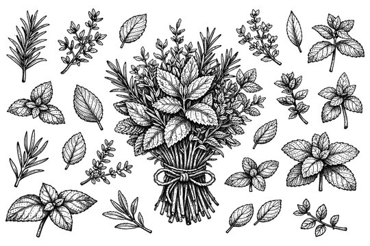 Black and white botanical drawing of herbs and leaves arrangement