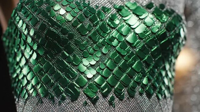 Close-up of shimmering green sequins on a textured fabric background