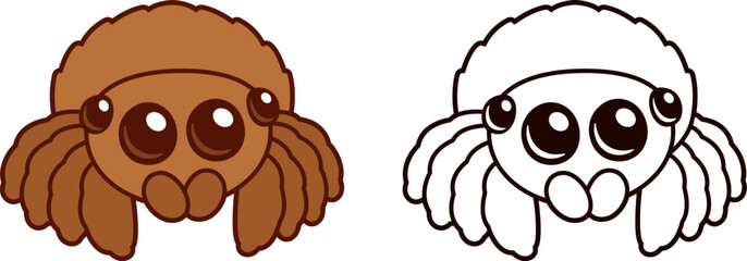 Cute cartoon fluffy spider. Black and white line art and color cartoon drawing. Kawaii spider character, isolated vector illustration.