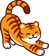 Cute cartoon tiger stretching. Funny kawaii tiger drawing, isolated vector illustration.