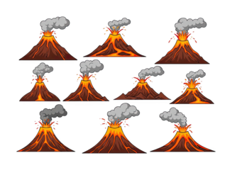 Set of Animated Volcanic Eruptions with Lava and Smoke Illustration on Transparent Background