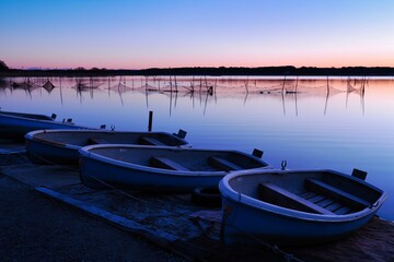 Early Morning Reflections and Rowboats at Inbanuma Lake