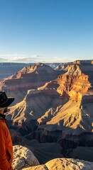 Solitary explorer observes vast canyon formations bathed in warm sunrise light from a rocky precipice.
