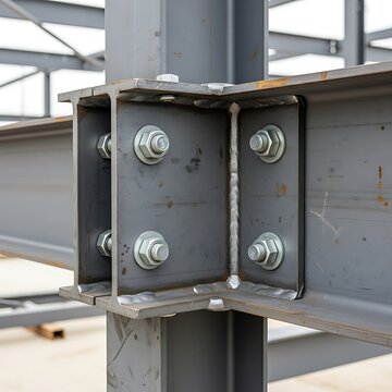 Robust metal framework connection employs heavy duty bolts and welded plates for structural integrity