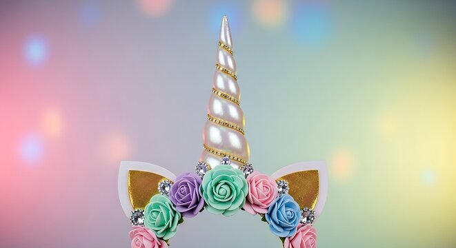 A colorful unicorn headband with flowers and a shiny horn
