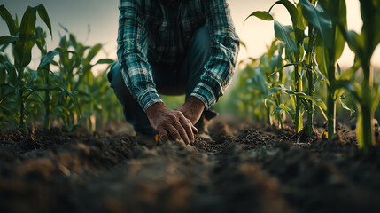 Fototapeta premium A farmer plants seeds in a fertile field, nurturing growth for a bountiful harvest amidst vibrant green crops.