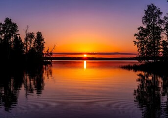 Obraz premium Brilliant orange sun sinks below horizon reflected in calm water surrounded by silhouetted trees