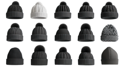 Collection of stylish knitted beanies with pom poms on transparent background