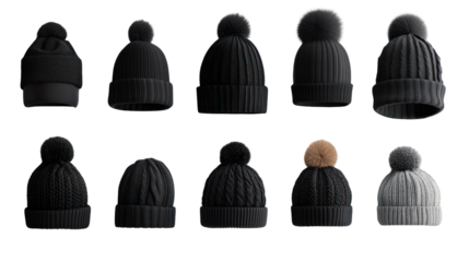 Collection of knitted beanies with pom poms, isolated on transparent background