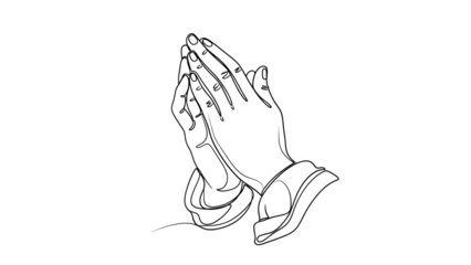 Clasped hands in prayer isolated on a transparent background black and white line palms together