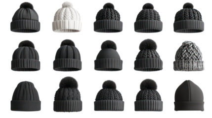 Collection of stylish winter hats with pom poms, knit designs, various styles, isolated on transparent background