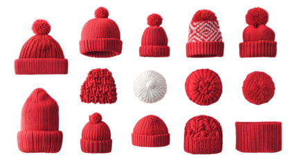 Collection of red knitted hats, winter accessories, various styles, isolated on transparent background