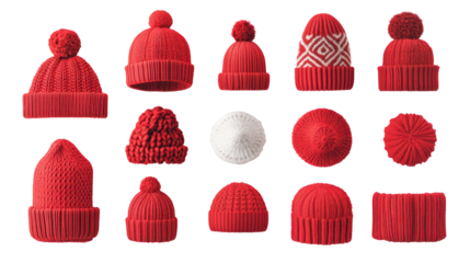 Collection of red knitted hats, various styles, isolated on transparent background