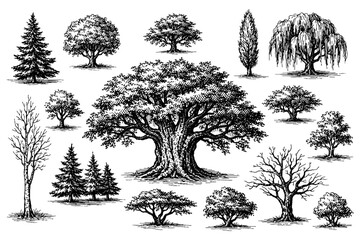 Fototapeta premium Collection of detailed black and white tree illustrations