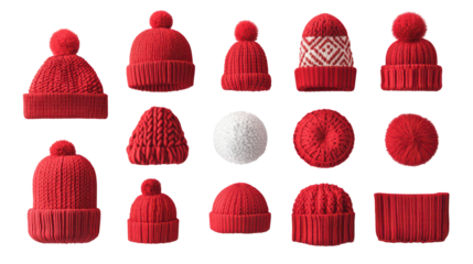 Red knitted hats collection, winter fashion, isolated on transparent background
