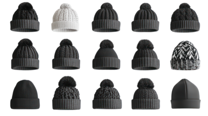 Collection of knitted hats, winter accessories, various styles, isolated on transparent background