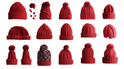 Collection of red knitted beanies on transparent background