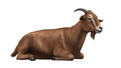 Brown goat lying down with white markings isolated on a transparent background lying goat