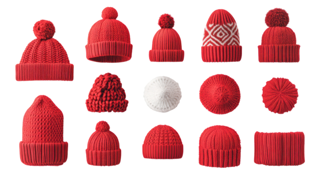 Collection of red knitted hats, various styles, isolated on transparent background - Powered by Adobe