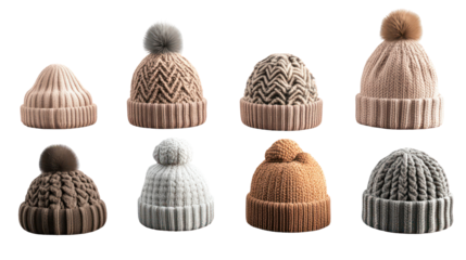 Stylish knitted winter hats collection, various designs, neutral colors, isolated on transparent background