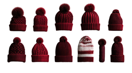 Stylish knitted beanies with pom poms, various designs, isolated on transparent background