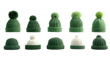 Green knit beanies with pom poms, various styles, isolated on transparent background