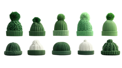 Collection of green knitted hats with pom poms, isolated on transparent background